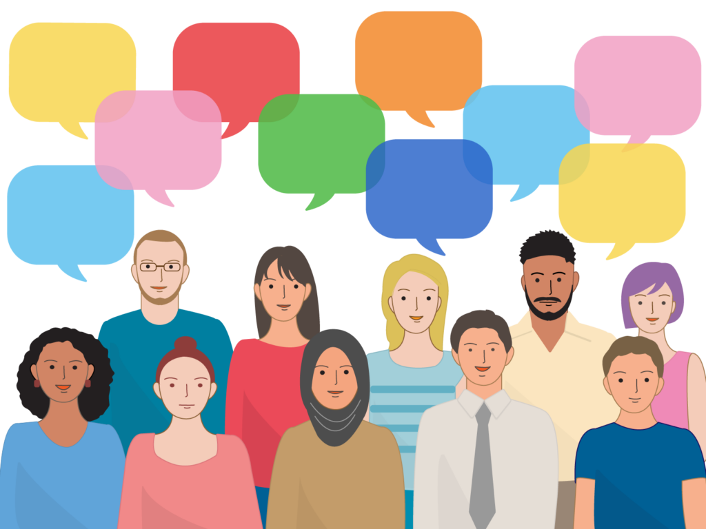 多様なスタッフの意見(吹き出し)とチームのイラスト。ピープルマネジメントの本質である、人間力を活かしたコミュニケーションと組織運営を表現。店長マニュアルの知識を活用し、個々の主体性を引き出しながら現場力を高める、活気ある店舗の概念図。