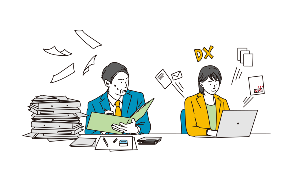 山積みの書類に悩む店長と、PCでスマートにDX化を進めるスタッフの対比イラスト。帳票管理をデジタル化し、業務効率を劇的に改善するマネジメント手法を表現。リスクを未然に防ぎ、理念と実務を連動させた前向きな店舗運営サイクルを支援する概念図。
