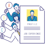 アルバイト採用面接で応募者の履歴書から資質や適性を見抜く店長のイラスト。客観的な採用基準に基づきミスマッチを防ぐ評価スコアと、採用・不採用の判断を仕組み化するチェックリストツールのイメージ画像です。