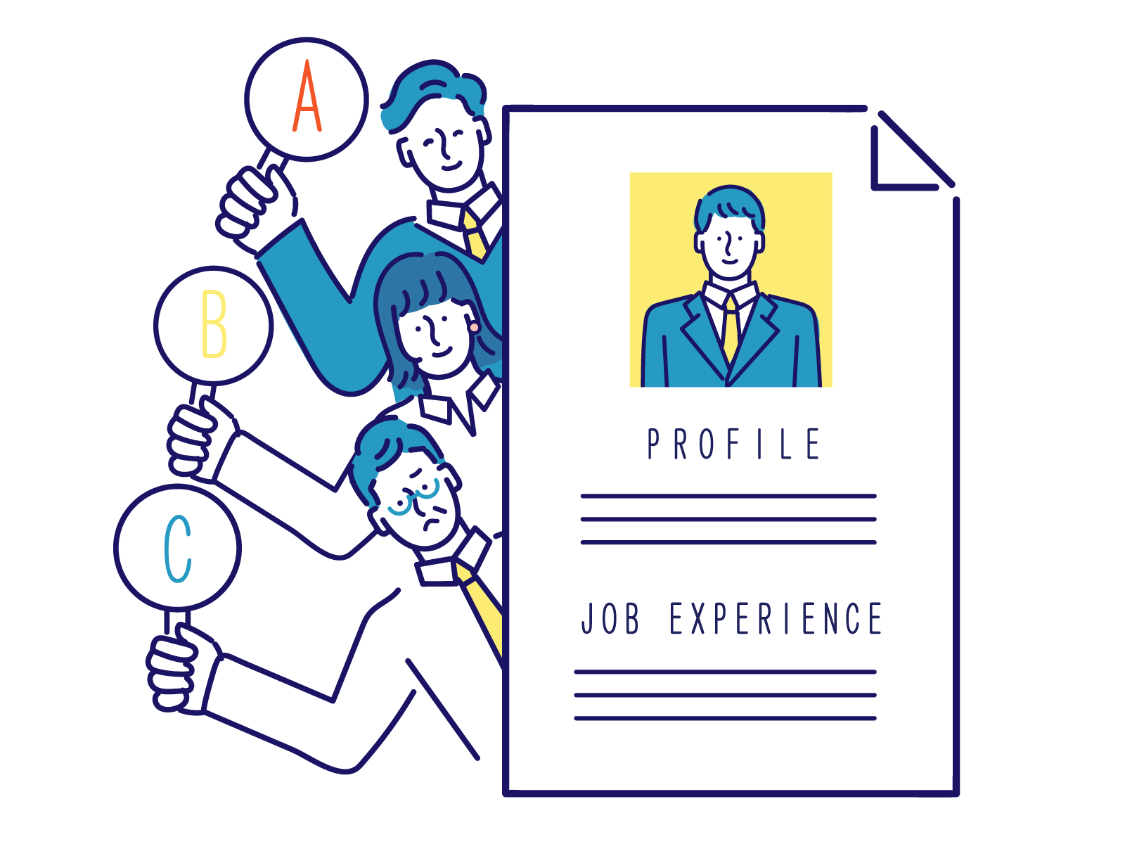 アルバイト採用面接で応募者の履歴書から資質や適性を見抜く店長のイラスト。客観的な採用基準に基づきミスマッチを防ぐ評価スコアと、採用・不採用の判断を仕組み化するチェックリストツールのイメージ画像です。