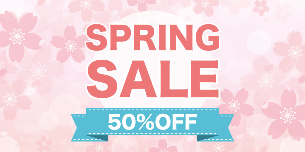 飲食店や小売店の春商戦を盛り上げるスプリングセール（SPRING SALE）の販促バナー。桜を背景に割引やクーポン、ポイント施策を組み合わせた集客アイデアを表現し、店舗の売上最大化をサポートします。