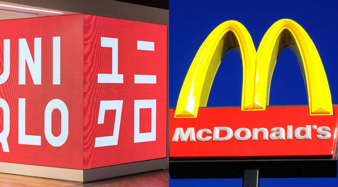 ユニクロとマクドナルドのロゴ、店長育成アクションカレンダーを並べな画像。新入社員を4カ月で即戦力化し、GW的繁忙期に向けた早期離職防止を訴求。現場主義の教育基準で人財を資産に変え、経営者が望む「自走する店舗」構築を象徴する。