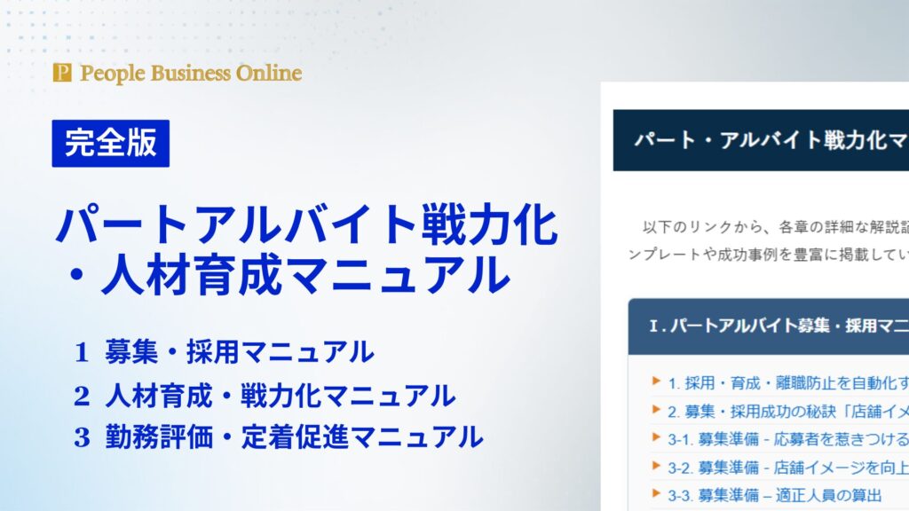 2026年最新パートアルバイト戦力化・人材育成マニュアル。1. 募集・採用マニュアル、2. 人材育成・戦力化マニュアル、3. 勤務評価・定着促進マニュアルで構成され、人手不足解決、即戦力化と定着促進で店長不在でも利益を生む経営パッケージ