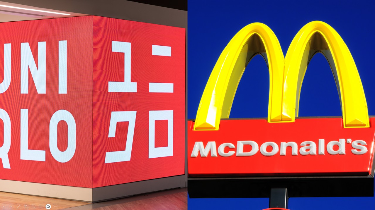 ユニクロとマクドナルドのロゴを背景に、新入社員を4カ月で店長候補へ育てる即戦力化マニュアルを解説。店舗経営者が抱える早期離職の課題を解決し、OJTと仕組み化で人材育成を加速させる「実務先出し」研修の重要性を訴求するアイキャッチ画像。