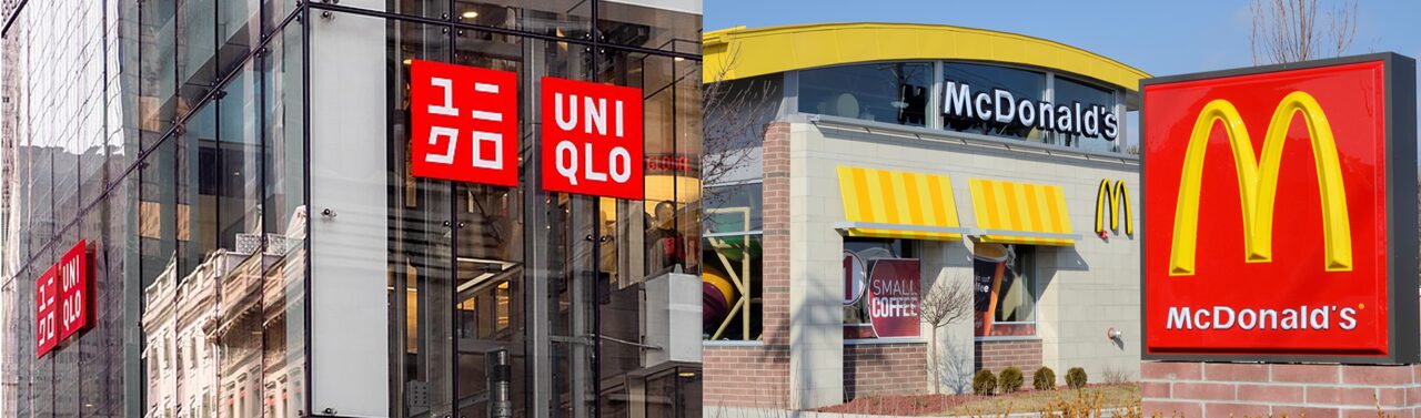 ユニクロとマクドナルドのロゴ、店長育成アクションカレンダーを並べな画像。新入社員を4カ月で即戦力化し、GW的繁忙期に向けた早期離職防止を訴求。現場主義の教育基準で人財を資産に変え、経営者が望む「自走する店舗」構築を象徴する。