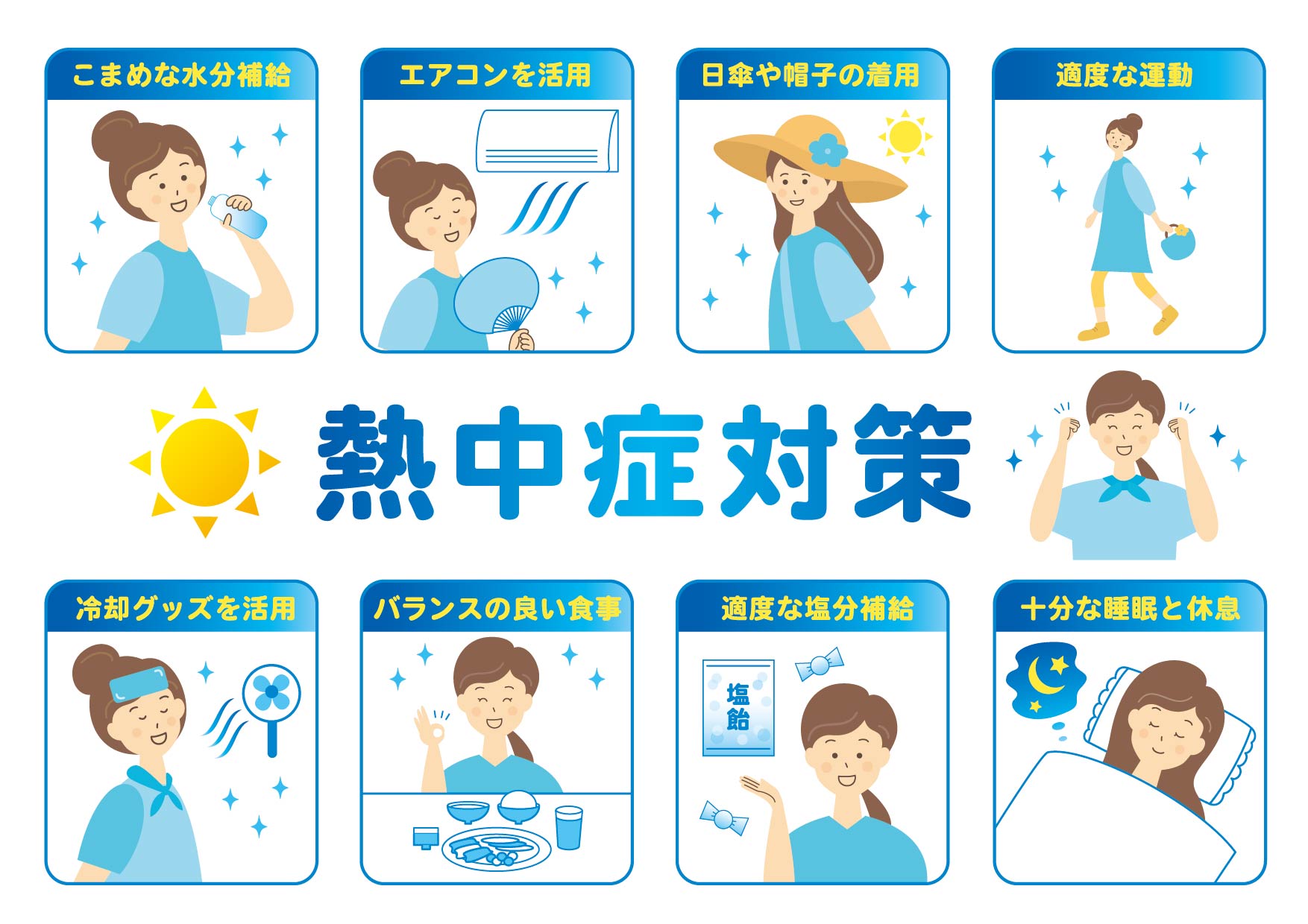 店舗での労働安全衛生管理を強化する熱中症対策の基本手順。水分補給やエアコン活用、適切な休憩など、職場環境の安全配慮義務を履行するための必須ガイドラインを分かりやすいイラストで体系化したイメージ図。