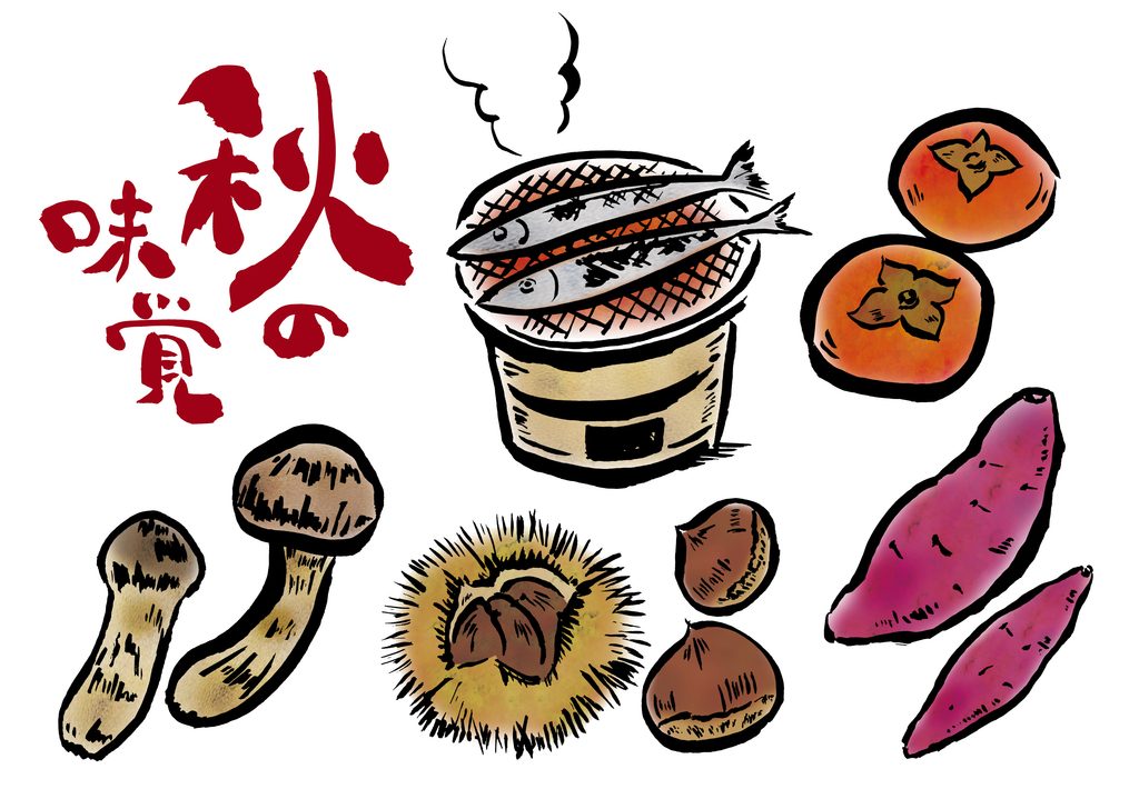 飲食・小売業における10月の秋の味覚フェアと限定メニュー販促のイメージ。栗、松茸、サツマイモ、秋刀魚などの旬の食材を活用し、3プライス設計とセット販売・プラス1品の提案によって客単価と買上点数を向上させる売場づくり。