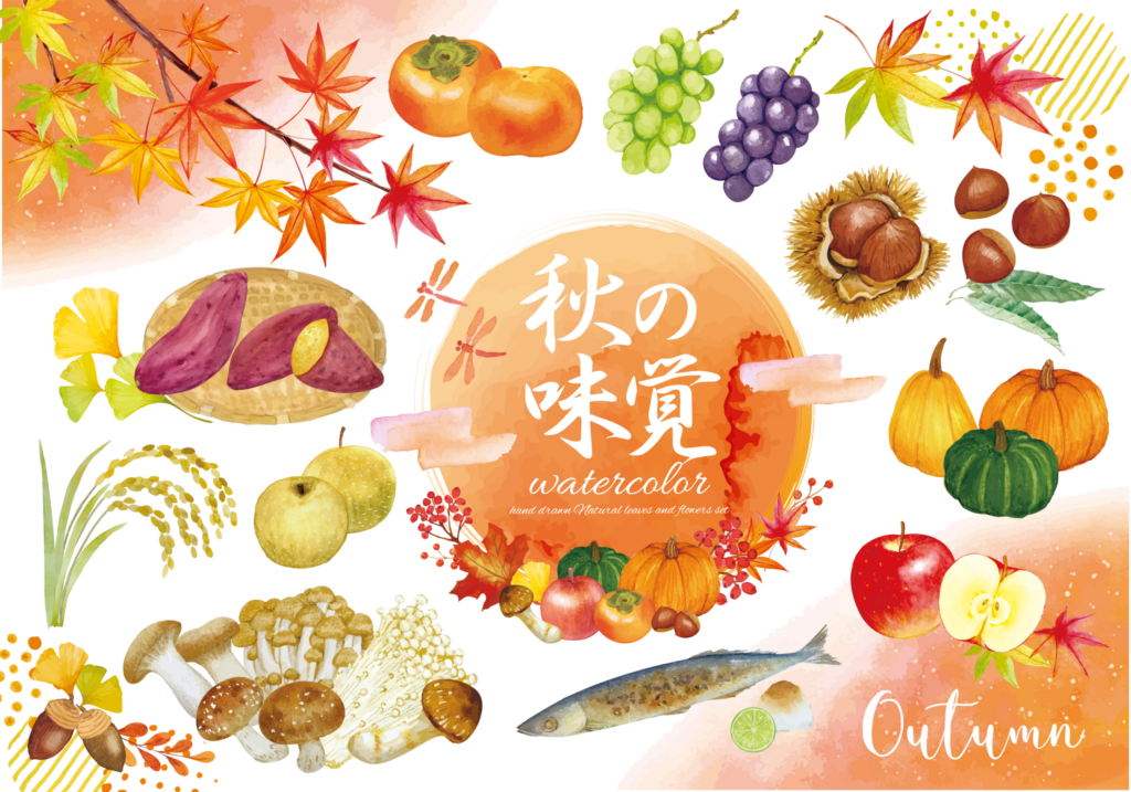 飲食・小売業における10月の秋の味覚フェアと限定メニュー販促のイメージ。栗、柿、ぶどう、さつまいも、秋刀魚などの旬の食材を活用し、3プライスのアップセルとセット販売・プラス1品の提案によって客単価と買上点数を向上させる売場づくり。