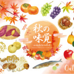飲食・小売業における10月の秋の味覚フェアと限定メニュー販促のイメージ。栗、柿、ぶどう、さつまいも、秋刀魚などの旬の食材を活用し、3プライスのアップセルとセット販売・プラス1品の提案によって客単価と買上点数を向上させる売場づくり。
