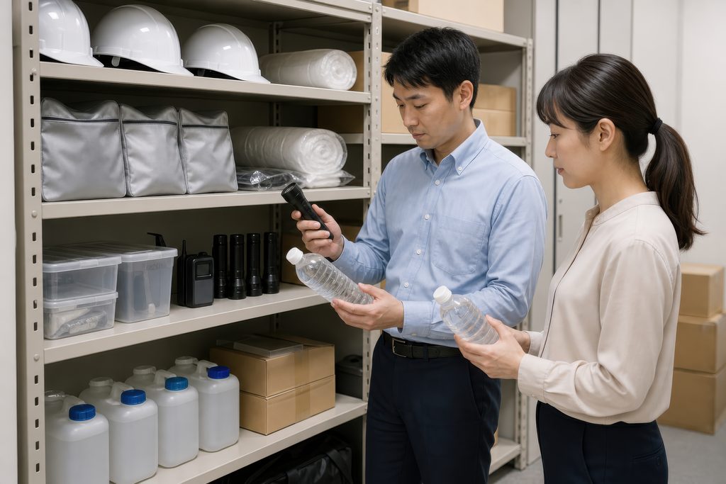 防災備蓄棚の前で保存水や懐中電灯を点検する店長と女性スタッフ。店舗防災をコストではなく未来の売上と雇用を守る戦略投資と位置づけ、従業員の安全確保と事業継続計画(BCP)の浸透を図るピープル・ビジネスの実践風景。
