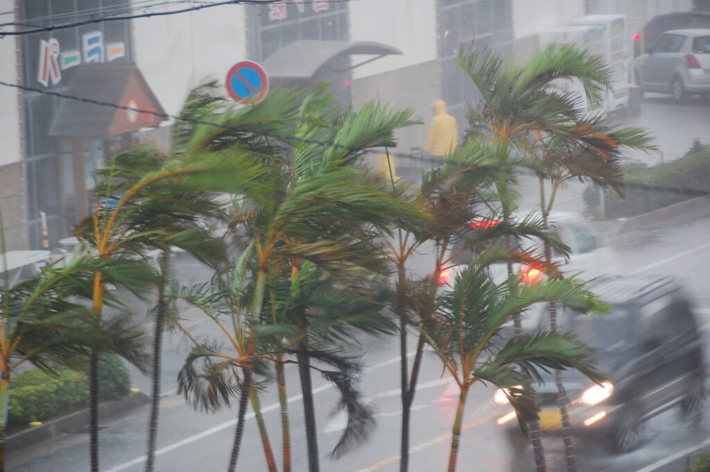 猛烈な暴風雨で街路樹が激しく揺れる街並み。台風や線状降水帯による物流寸断と店舗営業停止リスクを警告し、自店設備のみならず仕入先との共存共栄を図る店舗BCPと事業継続対策を象徴するメインアイキャッチ。