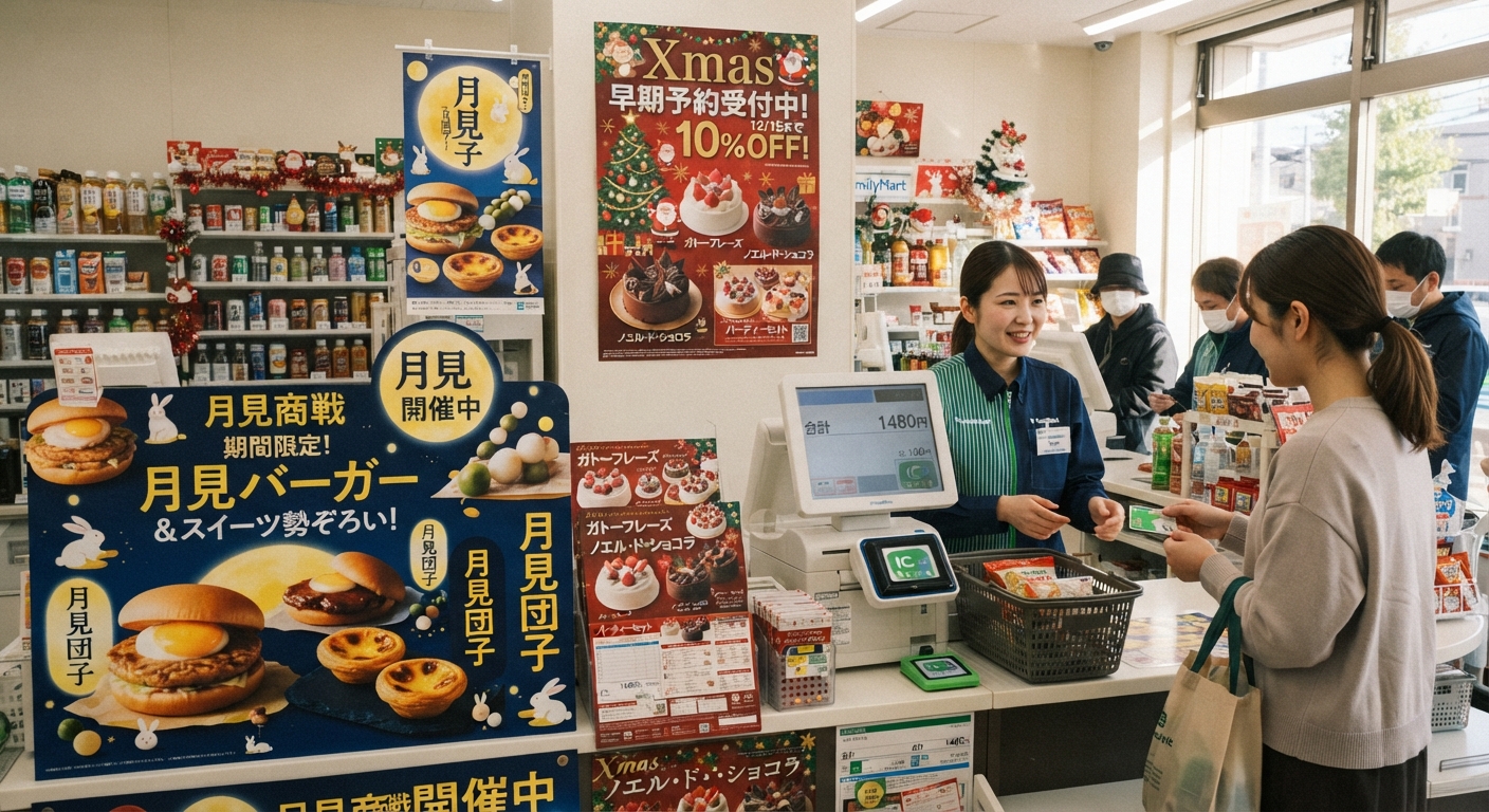 月見商戦とクリスマス早期予約が並ぶ店舗レジ周り。秋の集客ピークを活用して年末繁忙期の予約を前倒しで獲得する店頭戦略。