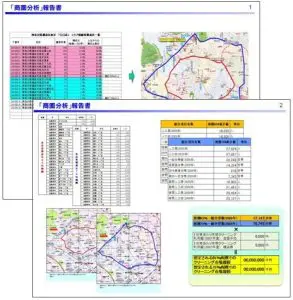 国勢調査、通行者の質量調査、所得階級別の就業者数などの商圏評価・判定、商圏分析、商圏分析、売上予測などjSTAT MAP、MarketPlannerのツールや調査レポート((株)アビス社、日本国政府、パスコ社)